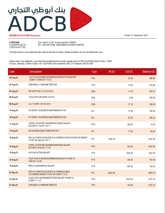 Modèle Word et PDF de déclaration d'entreprise de la banque ADCB